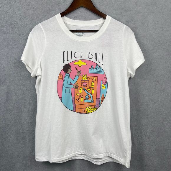 NWT Rebel Girls Graphic Tee Alice Ball Juniors SZ M White Crew Neck Scientist - Picture 1 of 7